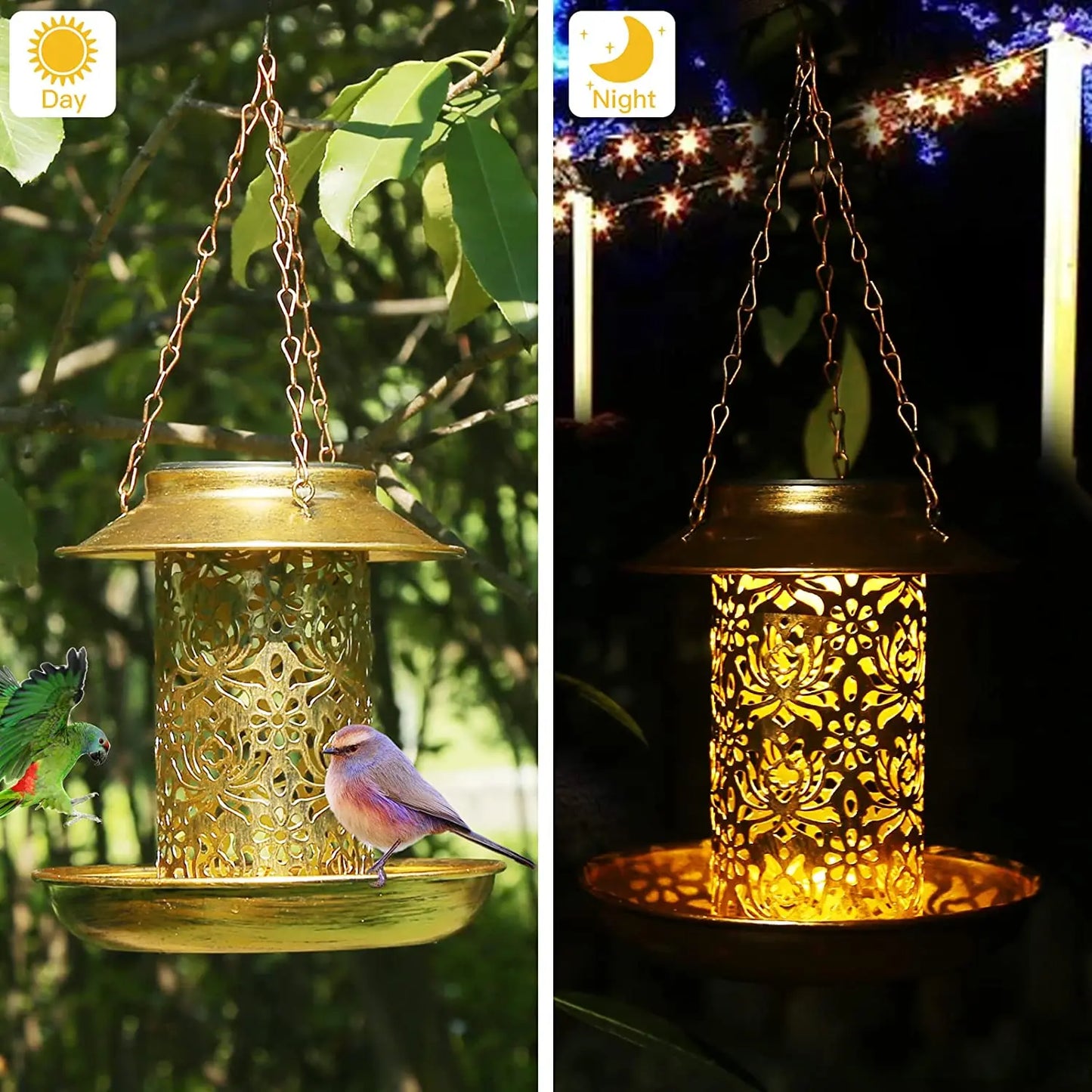Solar Bird Feeder Metal Outdoors Hanging Bird House With Light