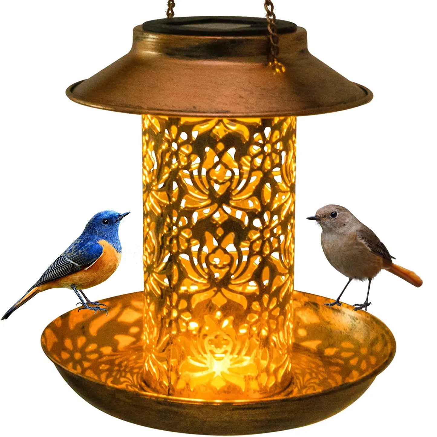 Solar Bird Feeder Metal Outdoors Hanging Bird House With Light
