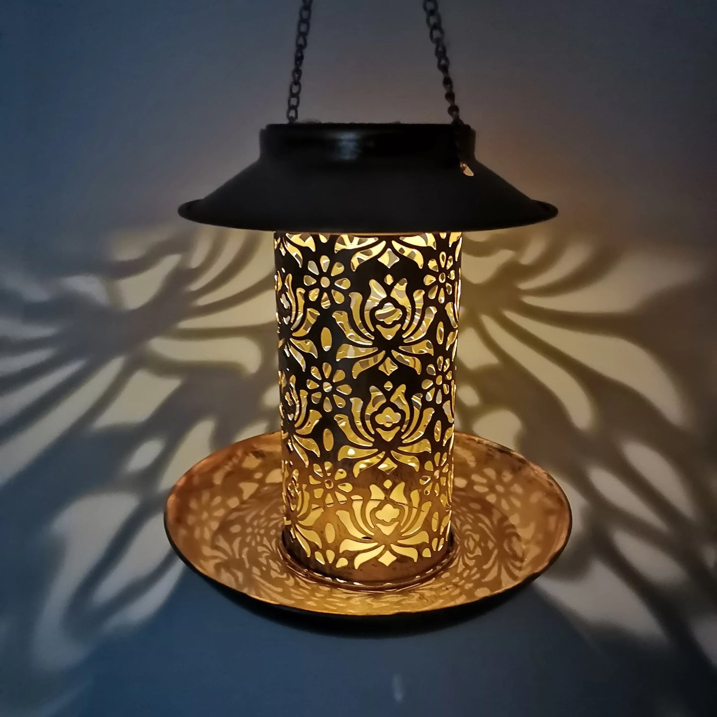 Solar Bird Feeder Metal Outdoors Hanging Bird House With Light