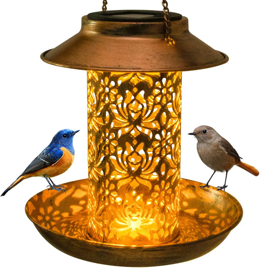 Solar Bird Feeder Metal Outdoors Hanging Bird House With Light