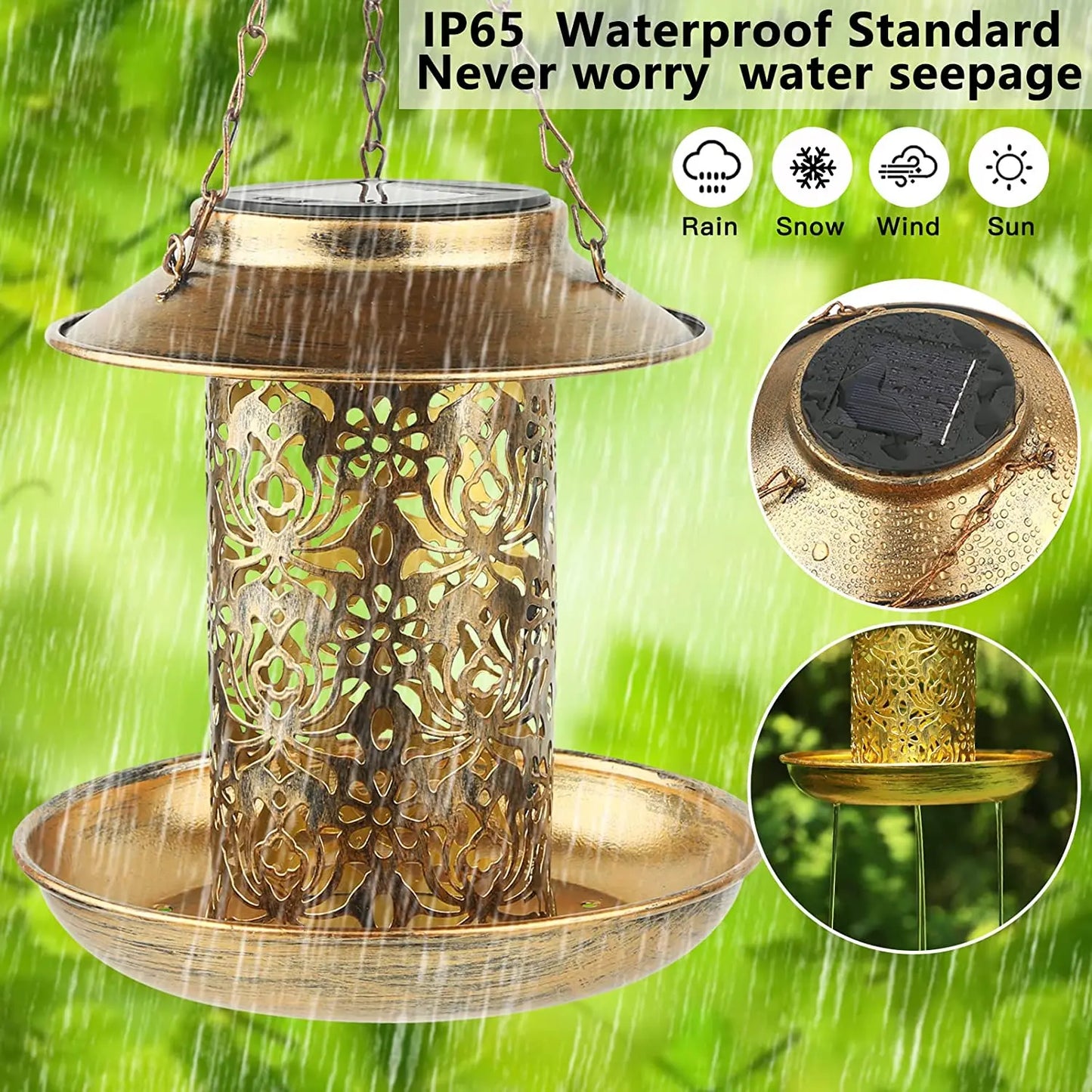 Solar Bird Feeder Metal Outdoors Hanging Bird House With Light